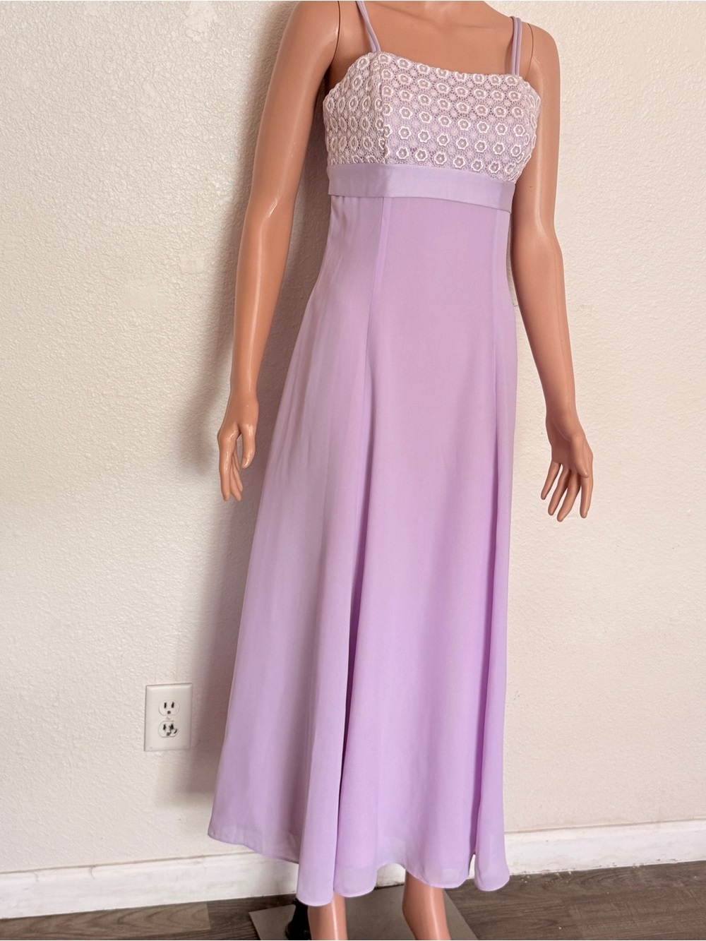 Vtg 90s Lavender Floral Lace Empire Waist Prom Dress Pastel Purple Maxi